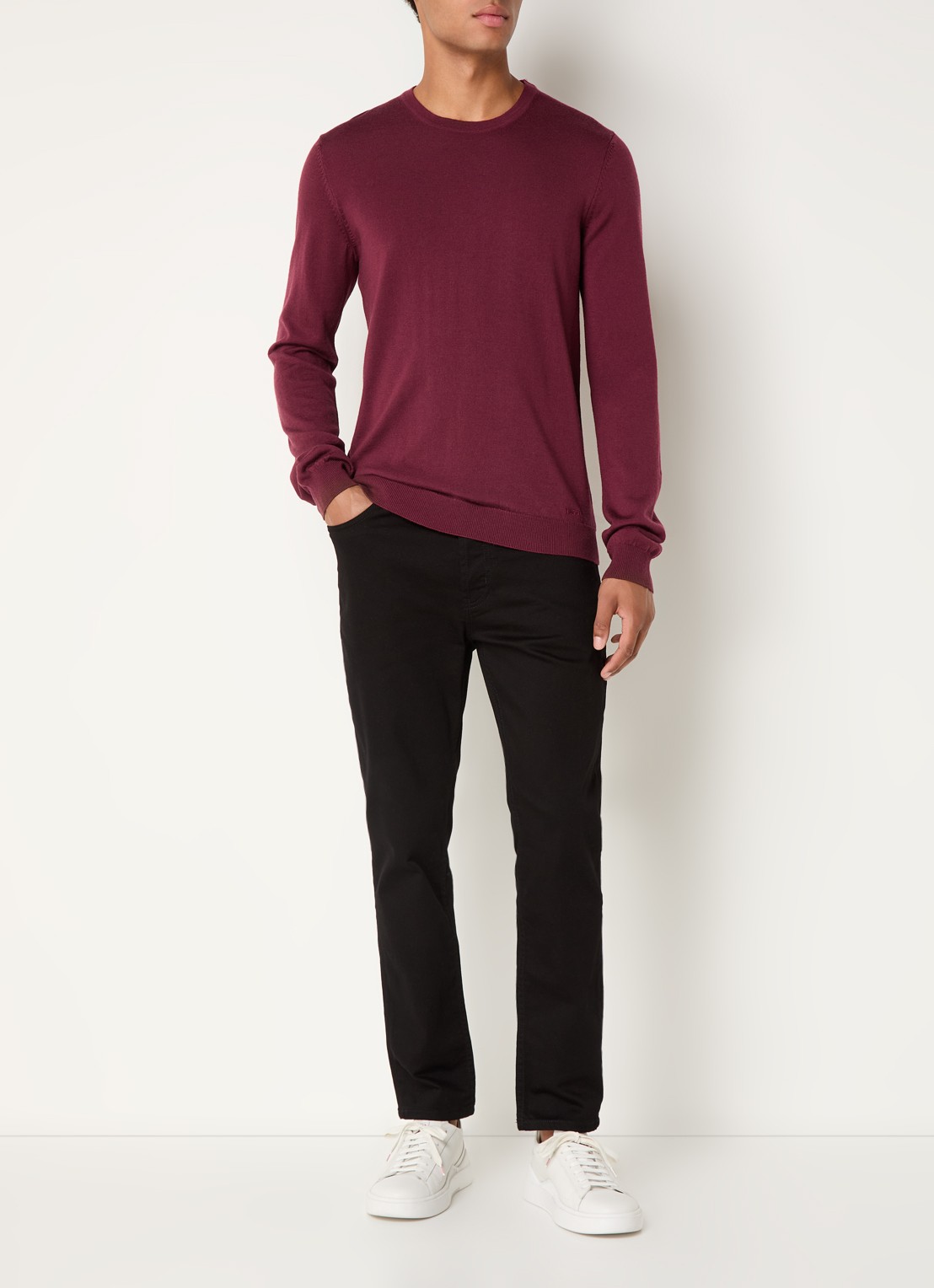 HUGO San Cedric fijngebreide pullover van wol  - voorkant 2 bordeauxrood