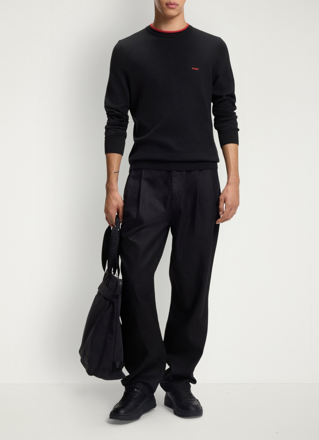 HUGO San Cudo fijngebreide pullover met logoborduring - voorkant 3 donkerblauw