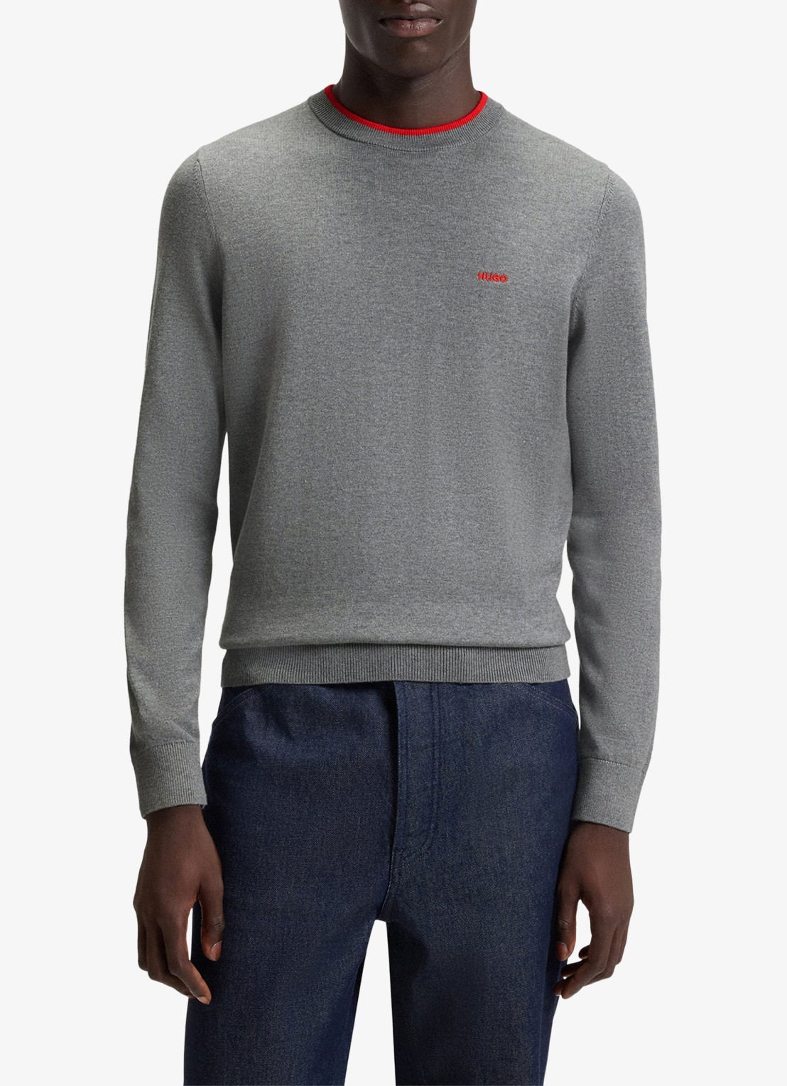 HUGO San Cudo fijngebreide pullover met logoborduring - detail grijs