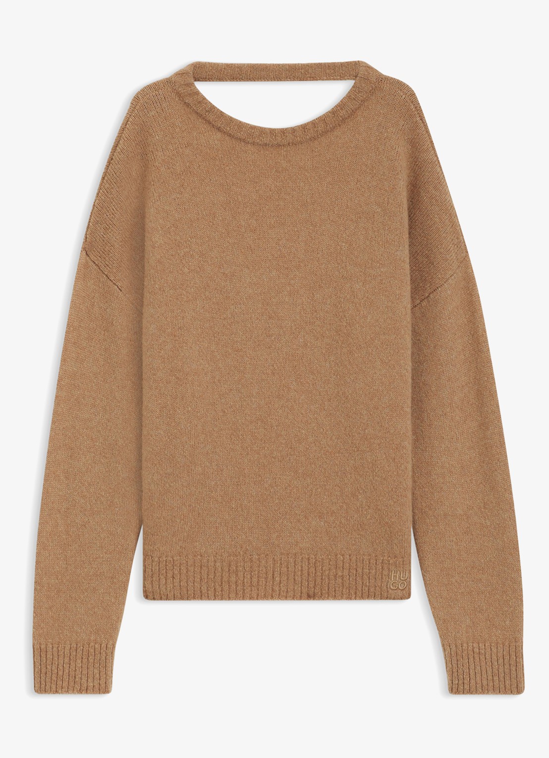 HUGO Sarcis oversized fijngebreide trui in scheerwolblend met rugdecolleté - voorkant 4 light/pastel brown-231 / bruin