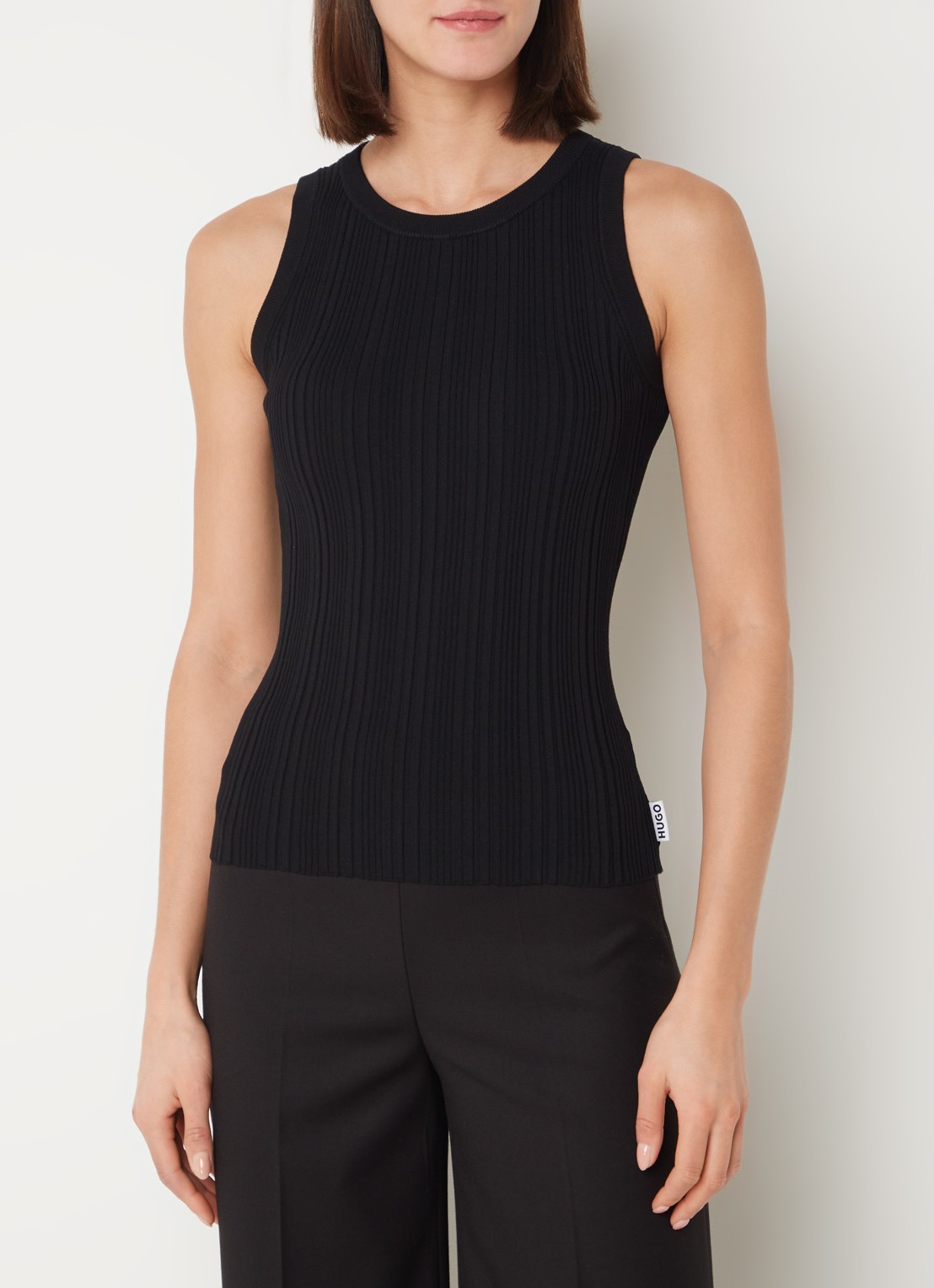 HUGO Sareple ribgebreide tanktop met logo - detail zwart