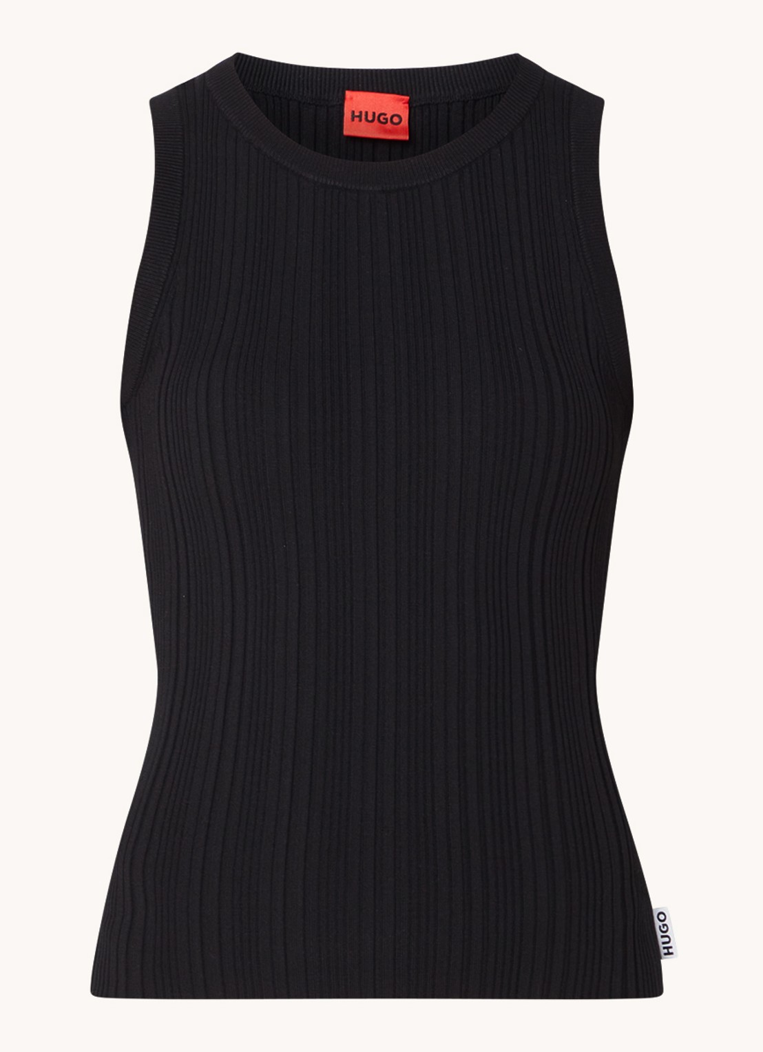HUGO Sareple ribgebreide tanktop met logo - voorkant 3 zwart
