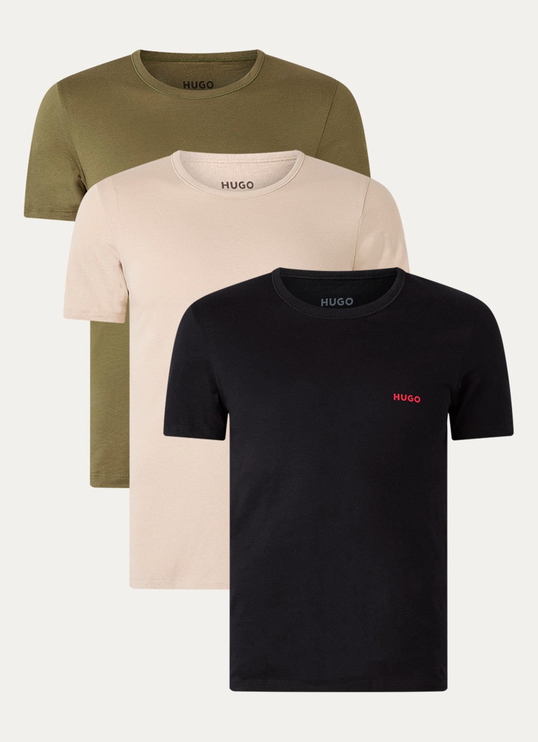 HUGO Set van drie katoenen T-shirts in meerdere kleuren met logoprint - voorkant open miscellaneous-964 / beige