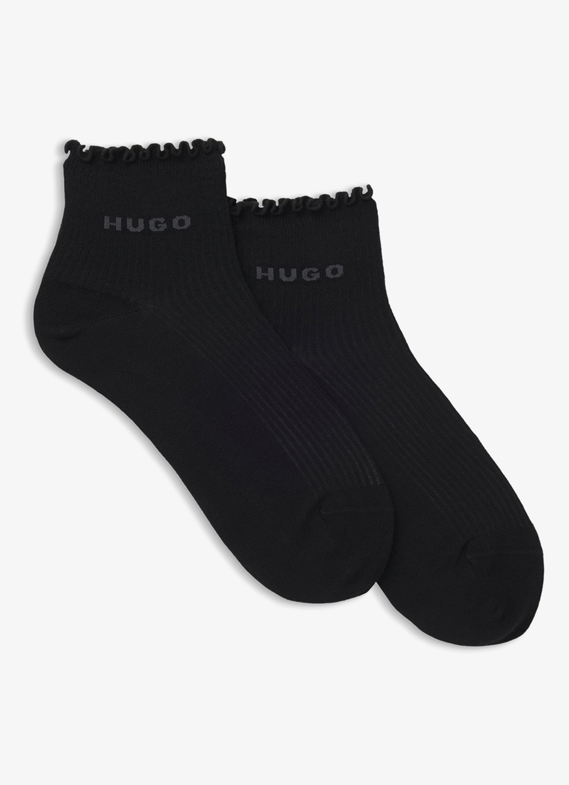 HUGO Set van twee paar ribgebreide korte sokken met geribbelde boorden - voorkant zwart