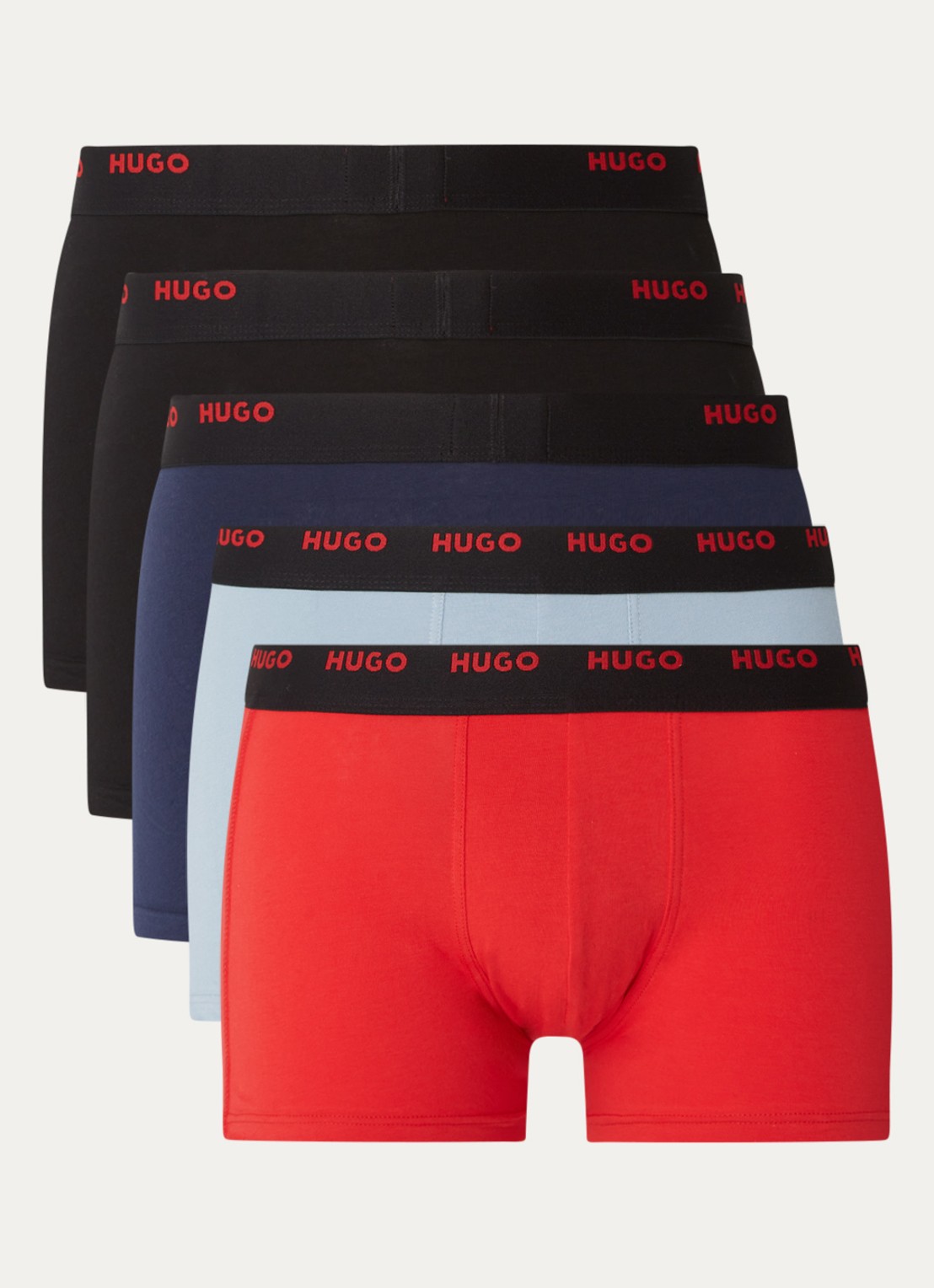 HUGO Set van vijf korte boxershorts met logotailleband van stretchkatoen - voorkant zwart
