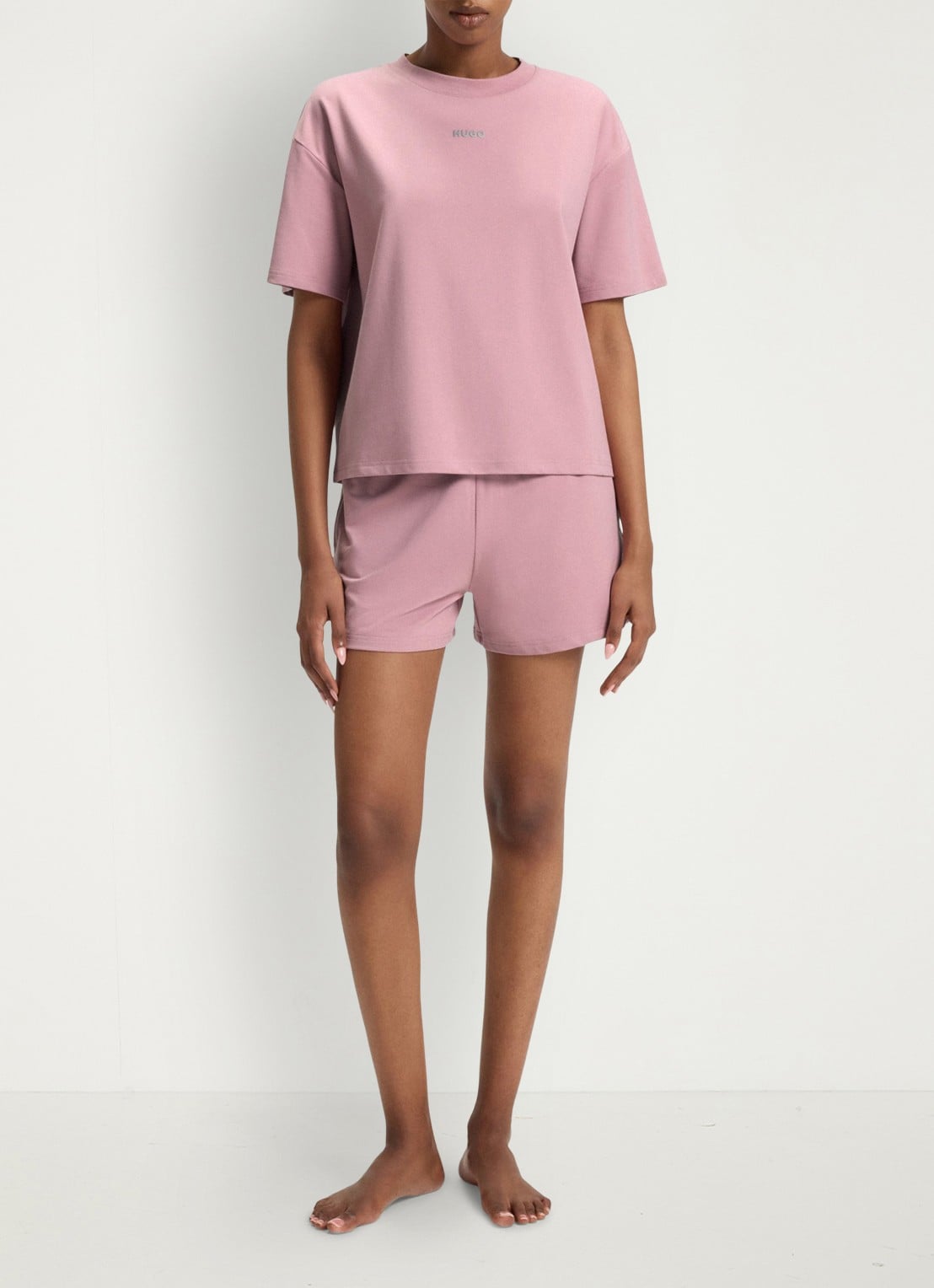 HUGO Shuffle pyjamashorts met logo - voorkant 5 open pink-696 / roze