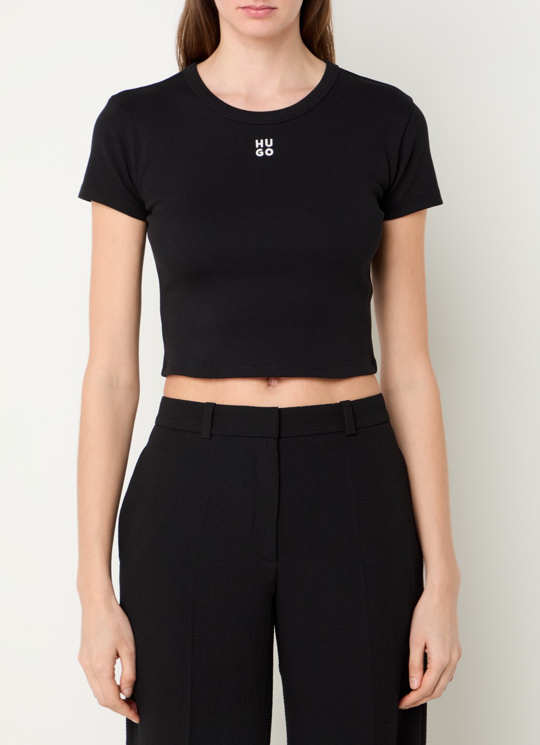 HUGO Slim-fit T-shirt van een katoenmix met logostiksel - detail 3 zwart