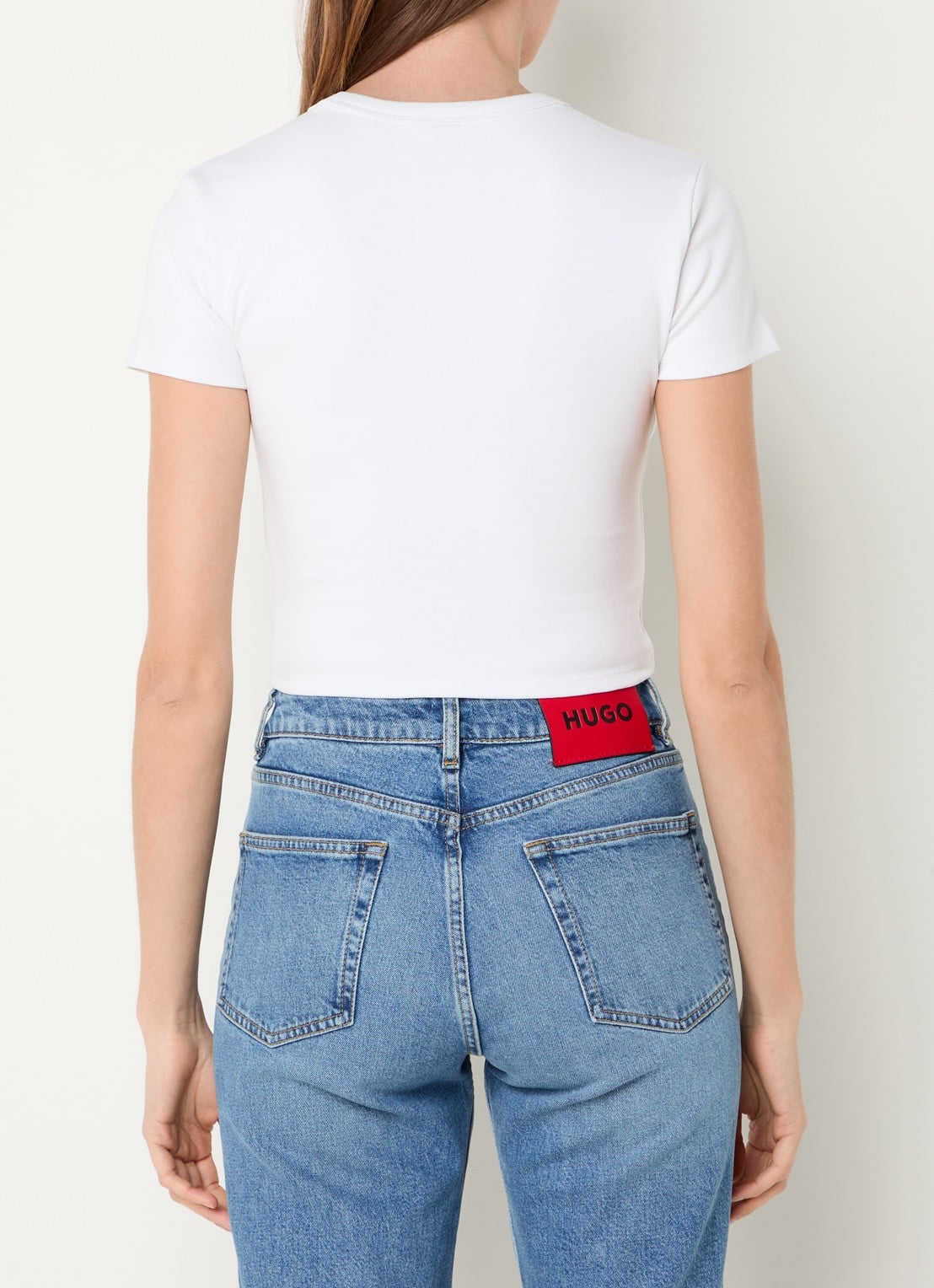 HUGO Slim-fit T-shirt van een katoenmix met logostiksel - achterkant 4 wit