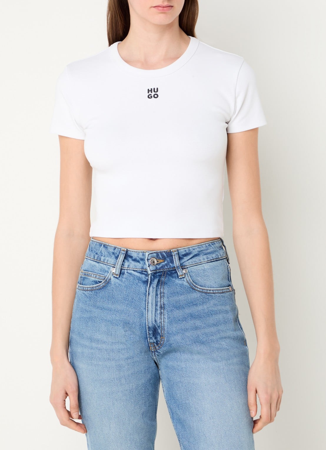 HUGO Slim-fit T-shirt van een katoenmix met logostiksel - detail wit