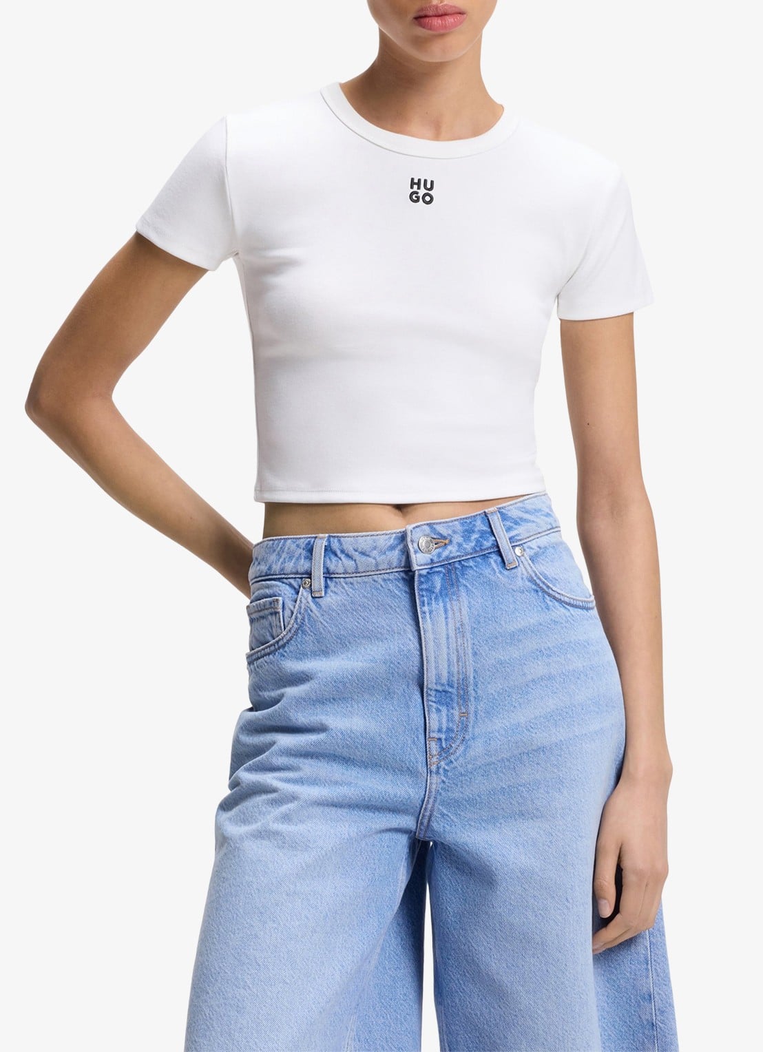 HUGO Slim-fit T-shirt van een katoenmix met logostiksel - detail 2 wit