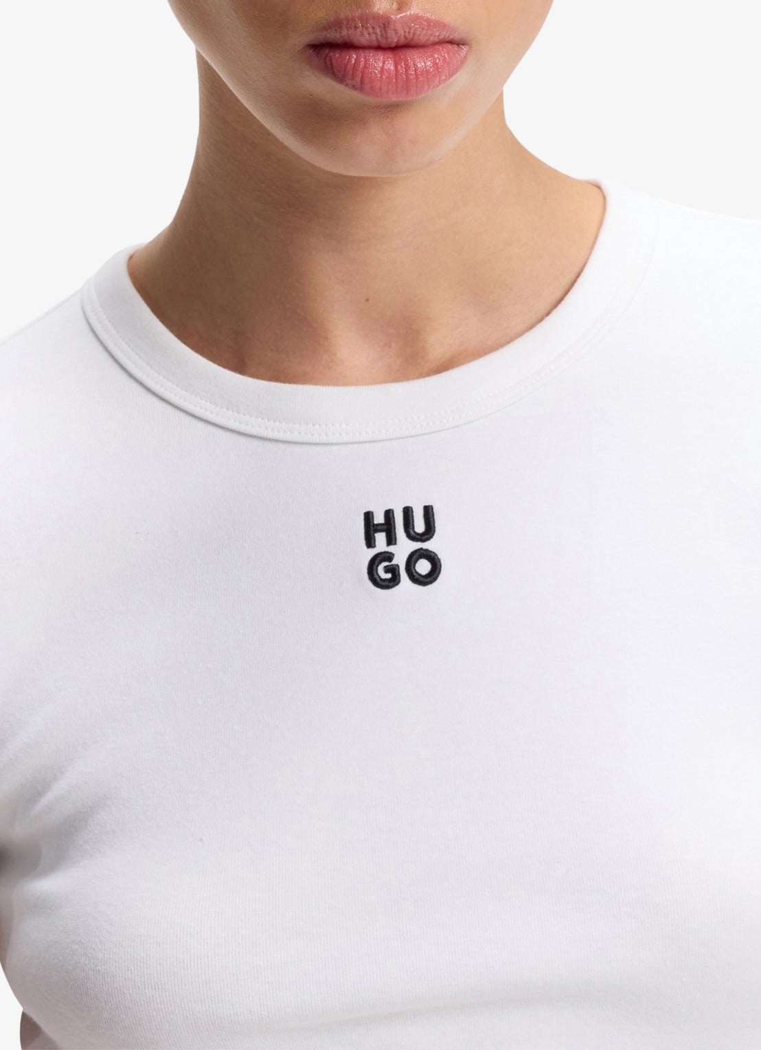 HUGO Slim-fit T-shirt van een katoenmix met logostiksel - detail 3 wit