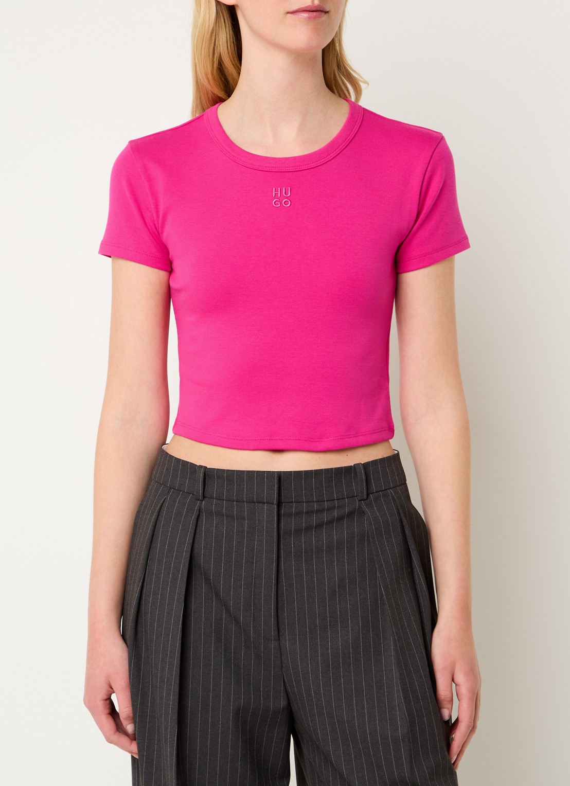 HUGO Slim-fit T-shirt van een katoenmix met logostiksel - detail 3 fuchsia
