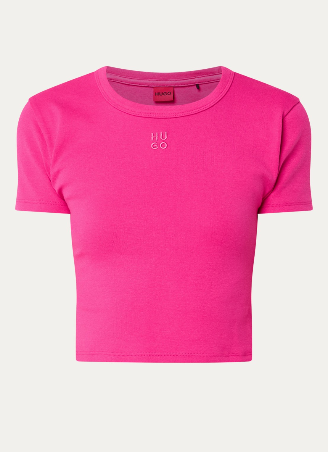 HUGO Slim-fit T-shirt van een katoenmix met logostiksel - voorkant fuchsia