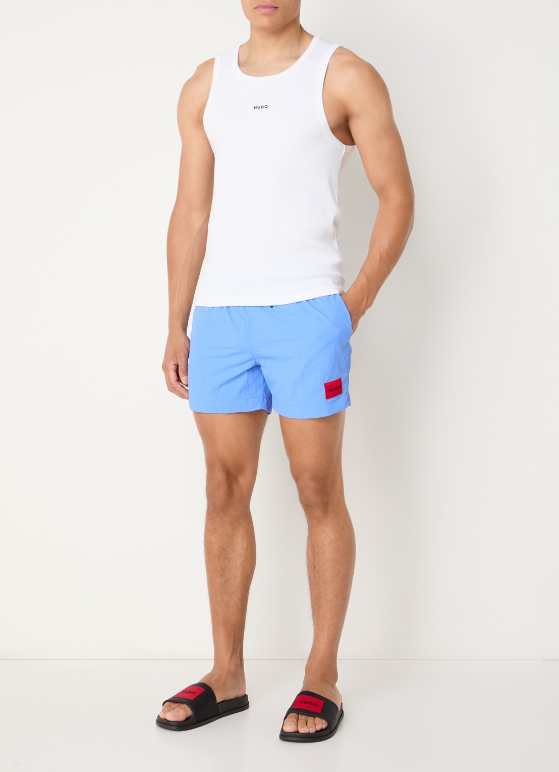 HUGO Sneldrogende zwemshorts met logolabel - voorkant 2 light/pastel blue-450 / blauw