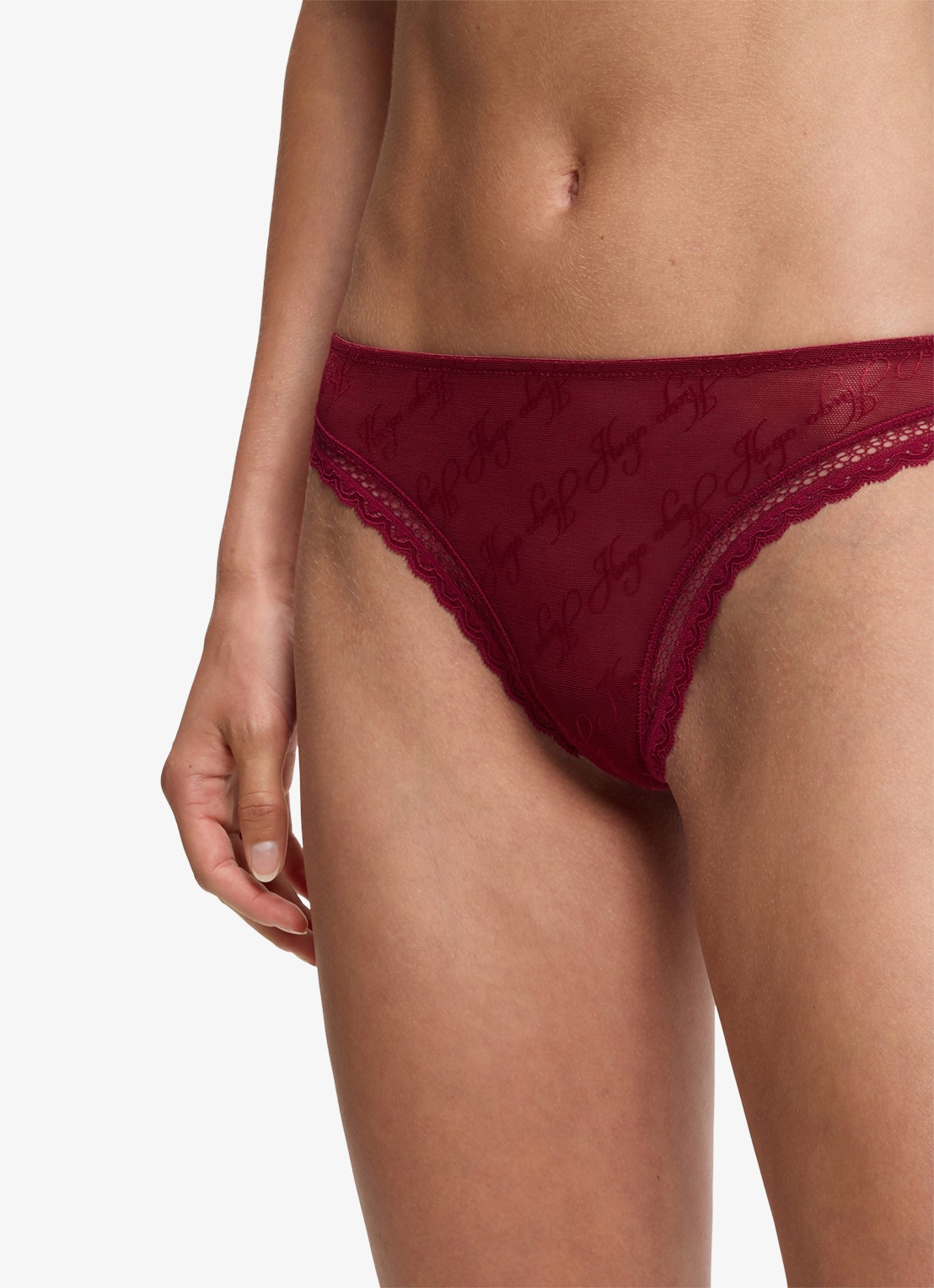 HUGO String van mesh met kant en logoborduring - detail 3 bordeauxrood