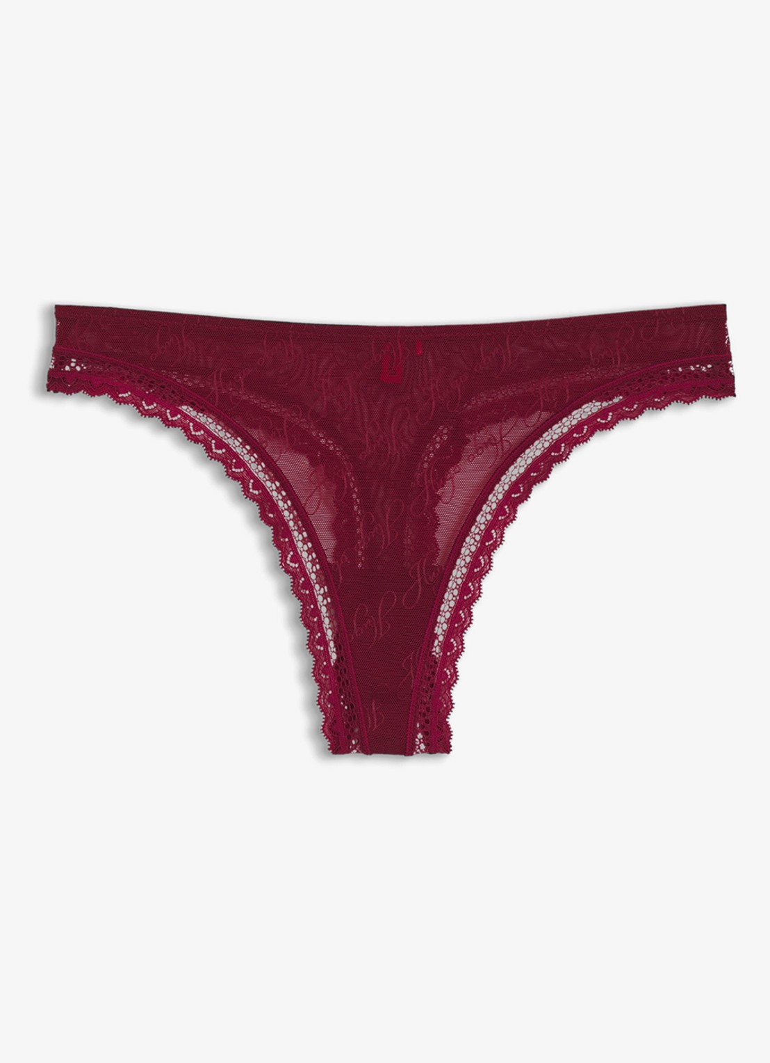 HUGO String van mesh met kant en logoborduring - voorkant bordeauxrood