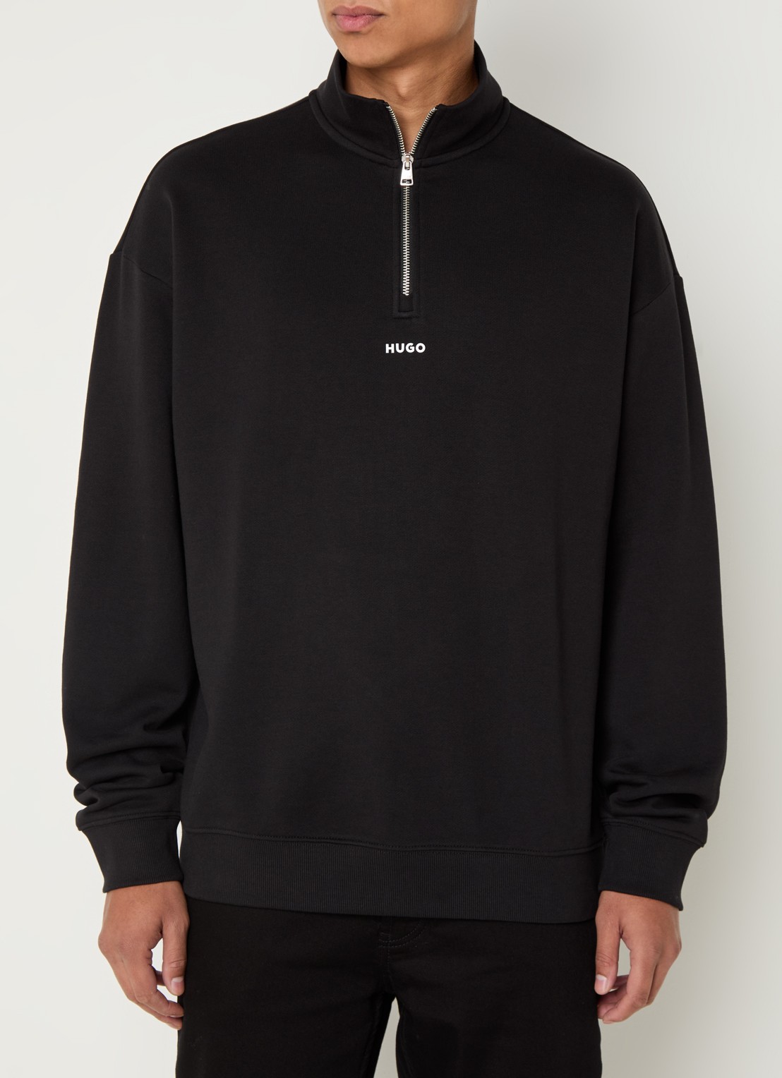 HUGO Sweatshirt van katoenen badstof met logo en ritskraag - detail 4 zwart