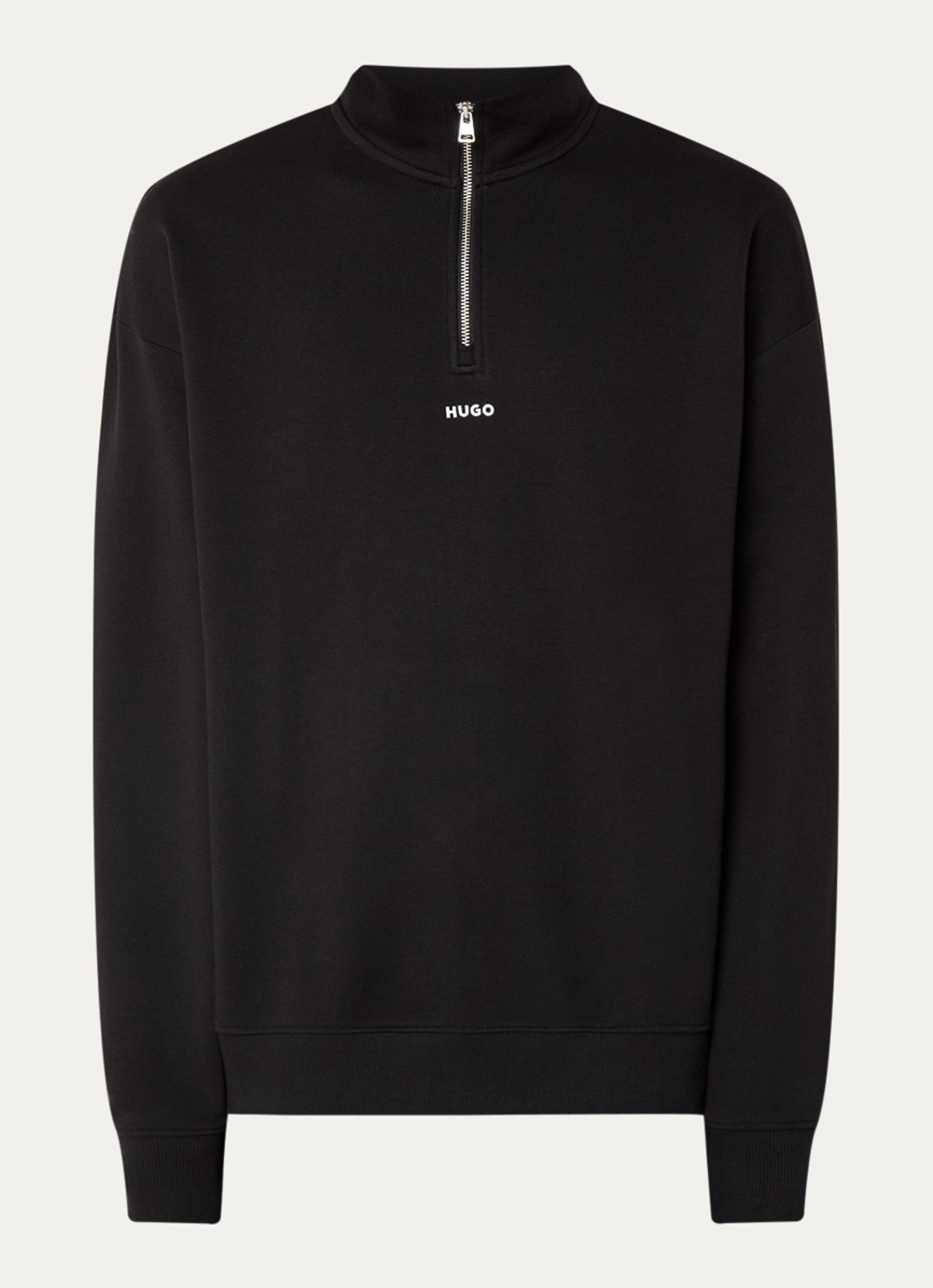 HUGO Sweatshirt van katoenen badstof met logo en ritskraag - voorkant 2 zwart