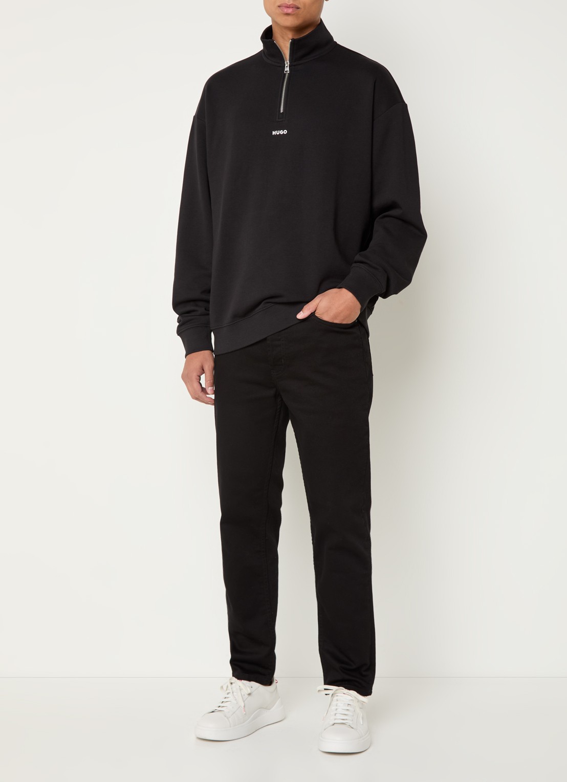 HUGO Sweatshirt van katoenen badstof met logo en ritskraag - voorkant 3 zwart