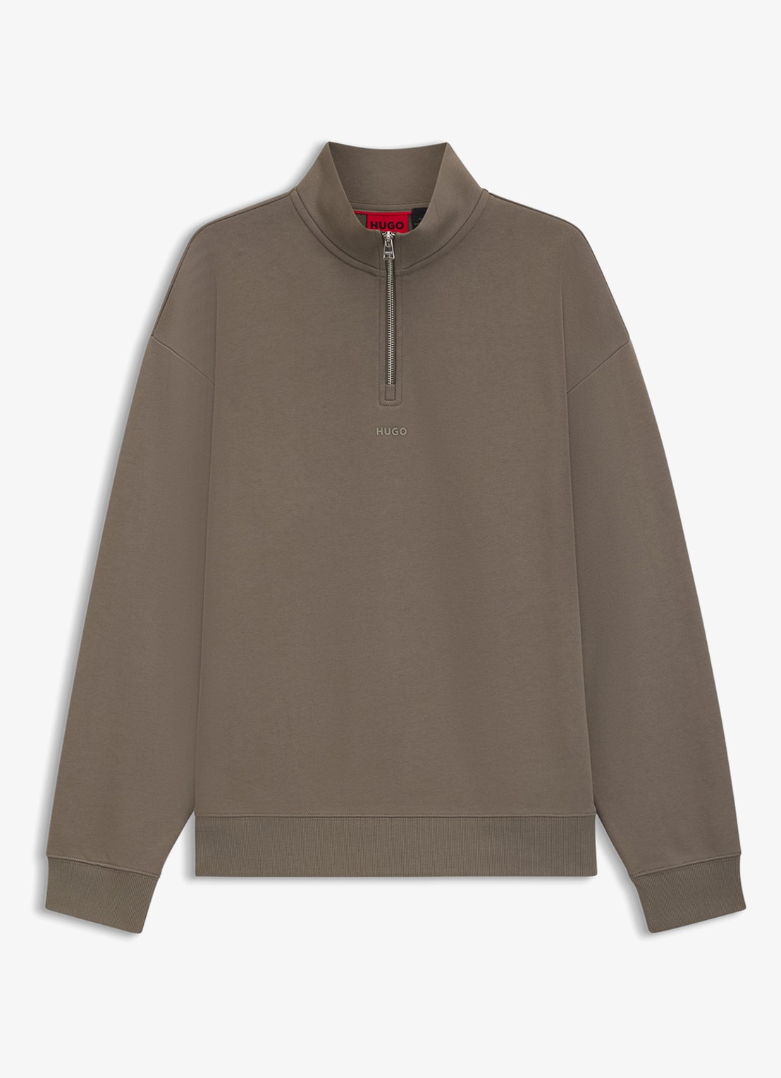 HUGO Sweatshirt van katoenen badstof met logo en ritskraag - voorkant 2 middengrijs