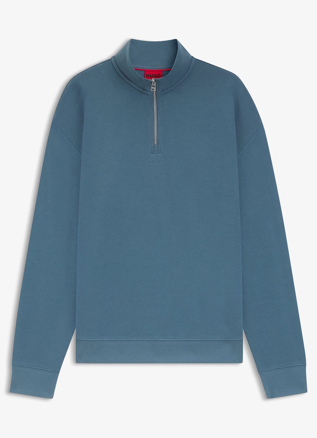 HUGO Sweatshirt van katoenen badstof met logo en ritskraag - voorkant 4 staalblauw