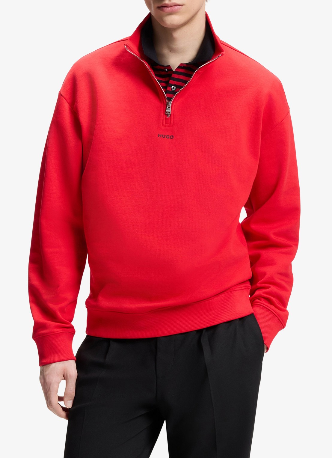 HUGO Sweatshirt van katoenen badstof met logo en ritskraag - detail 2 oudroze