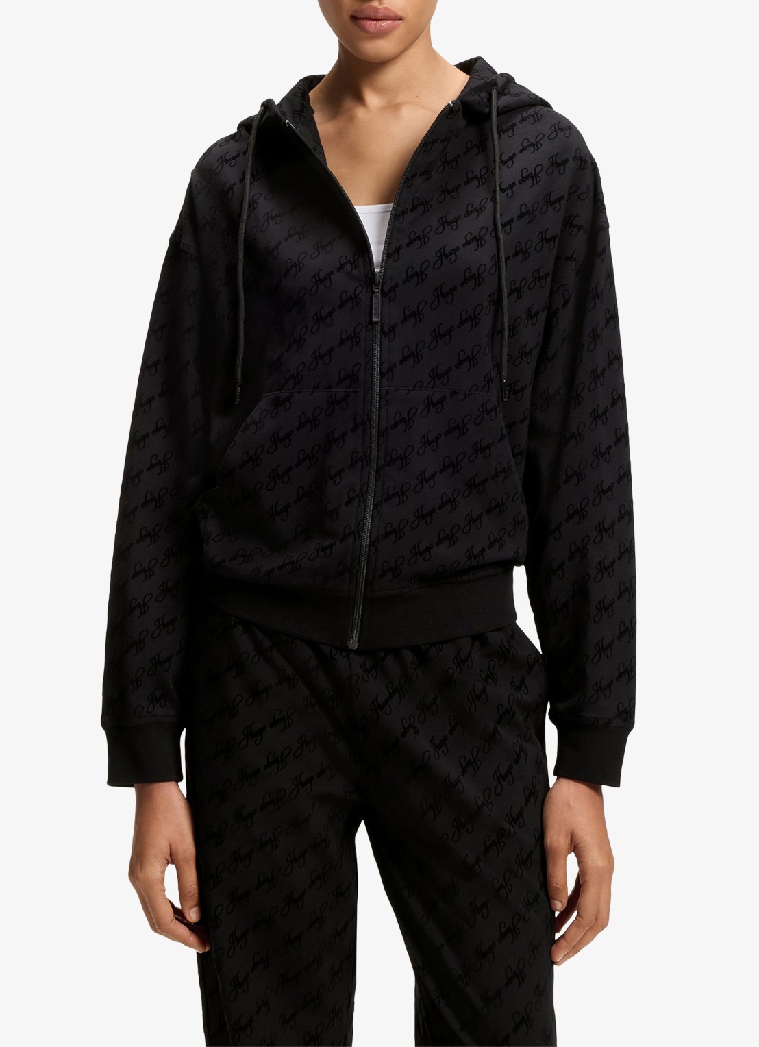 HUGO Sweatvest met capuchon en flockprint - detail zwart