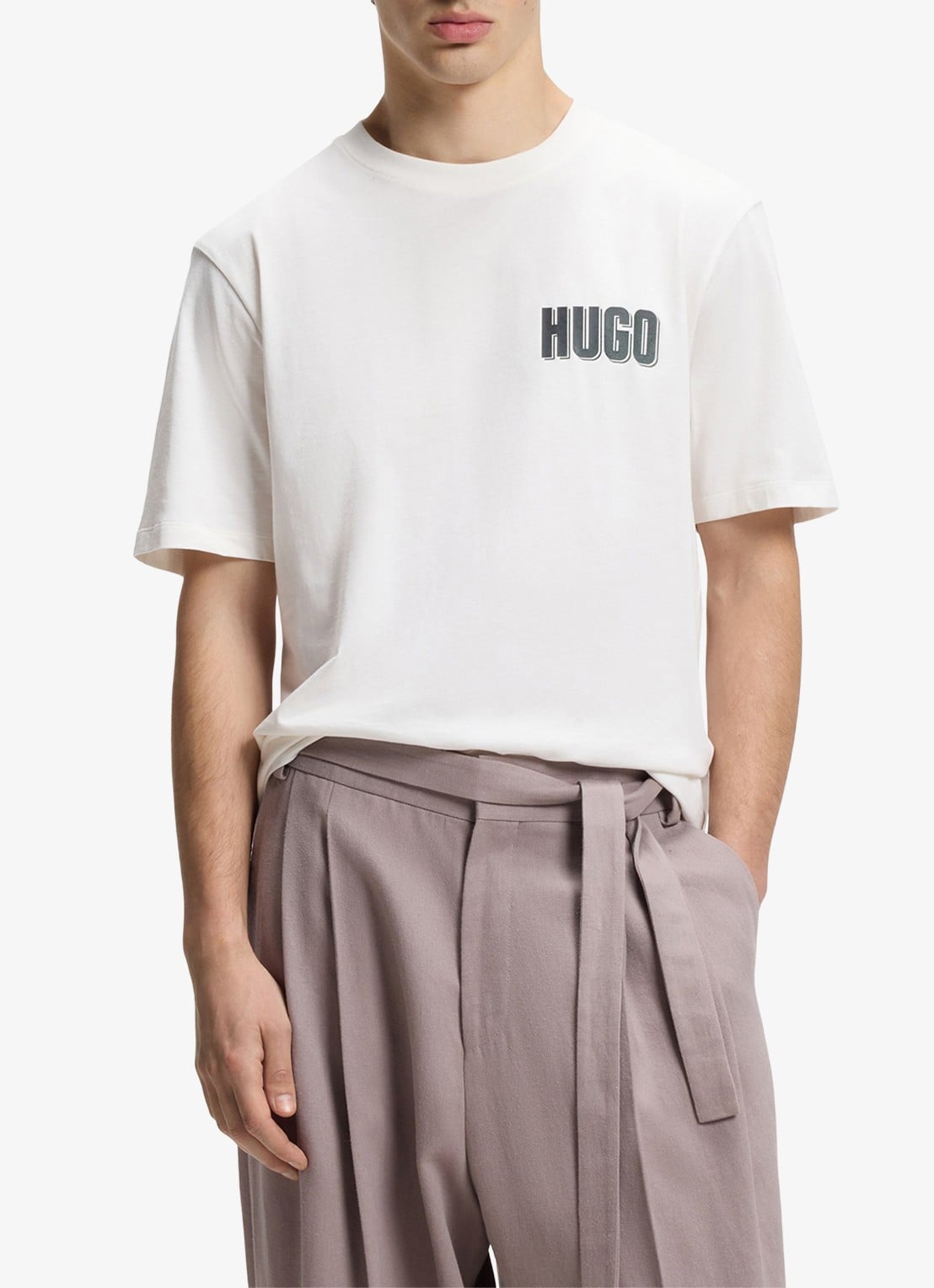 HUGO T-shirt met logo- en backprint - detail 3 natural-102 / wit