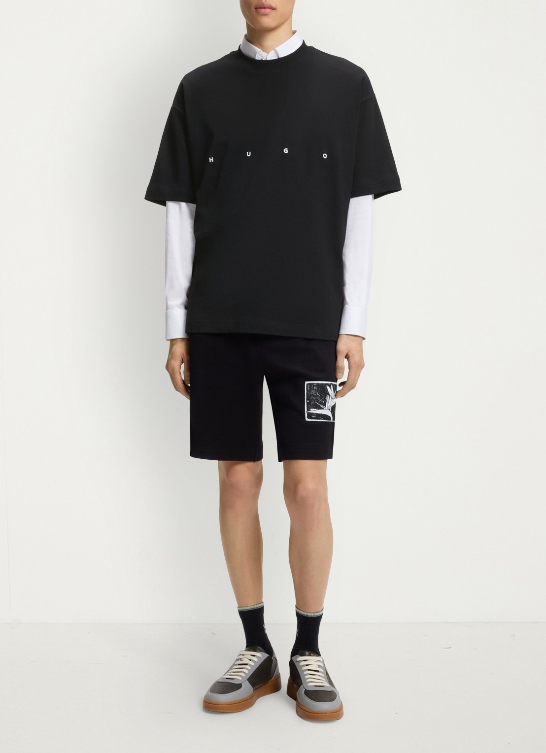 HUGO T-shirt met logo- en backprint - voorkant 2 zwart