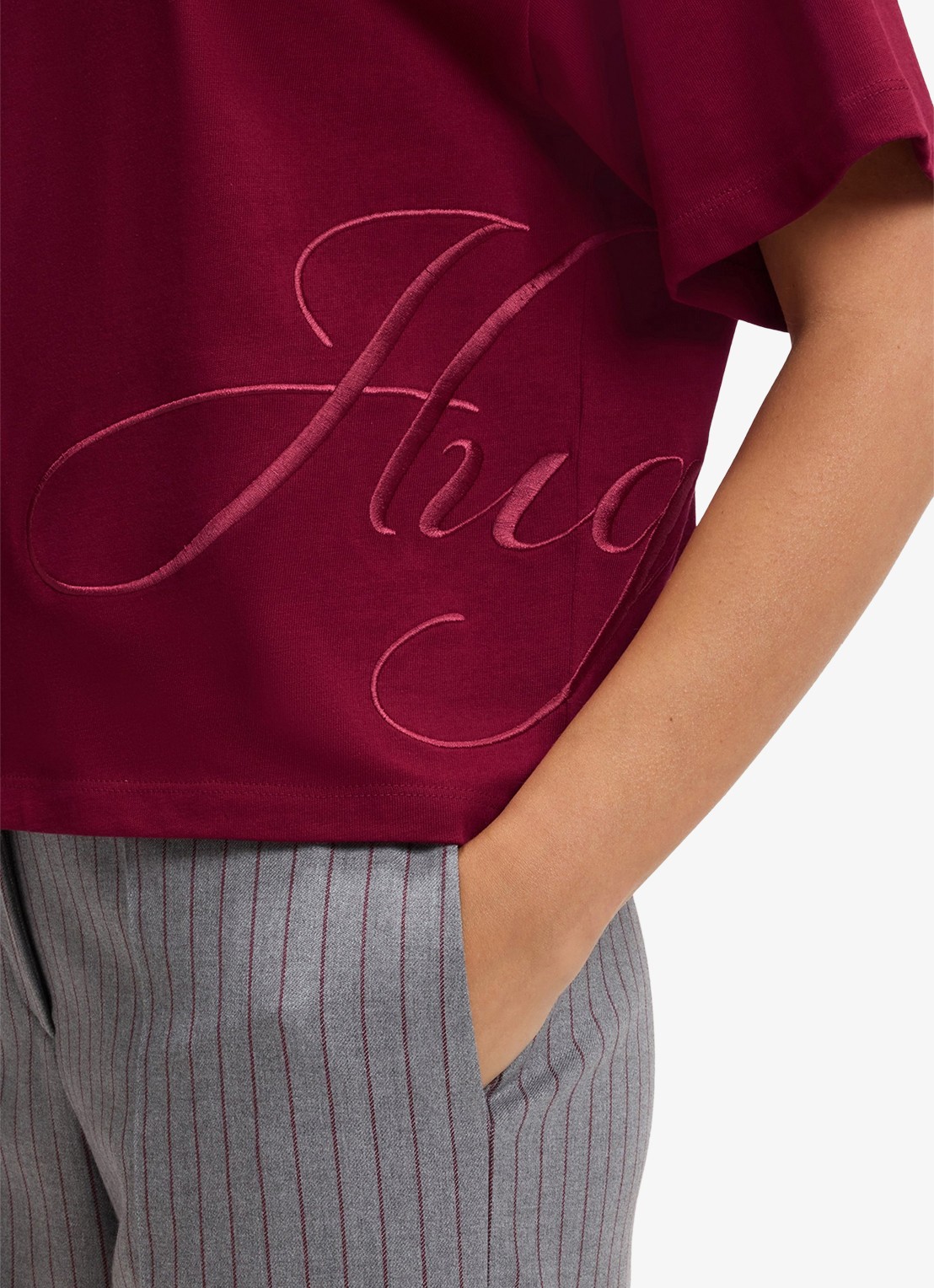 HUGO T-shirt met logoborduring  - detail 4 kersenrood