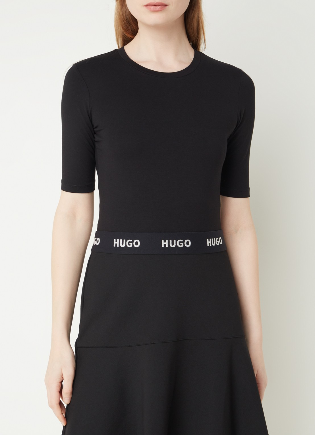 HUGO T-shirt met stretch - detail zwart