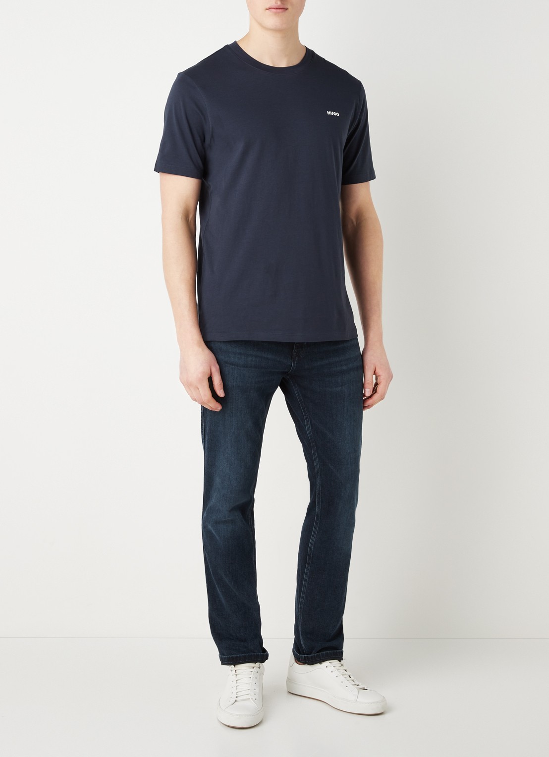 HUGO T-shirt van katoenen jersey met logoprint - voorkant 4 donkerblauw