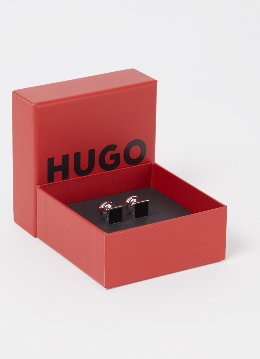 HUGO Vierkante manchetknopen met kern van email en logo - voorkant 2 zwart
