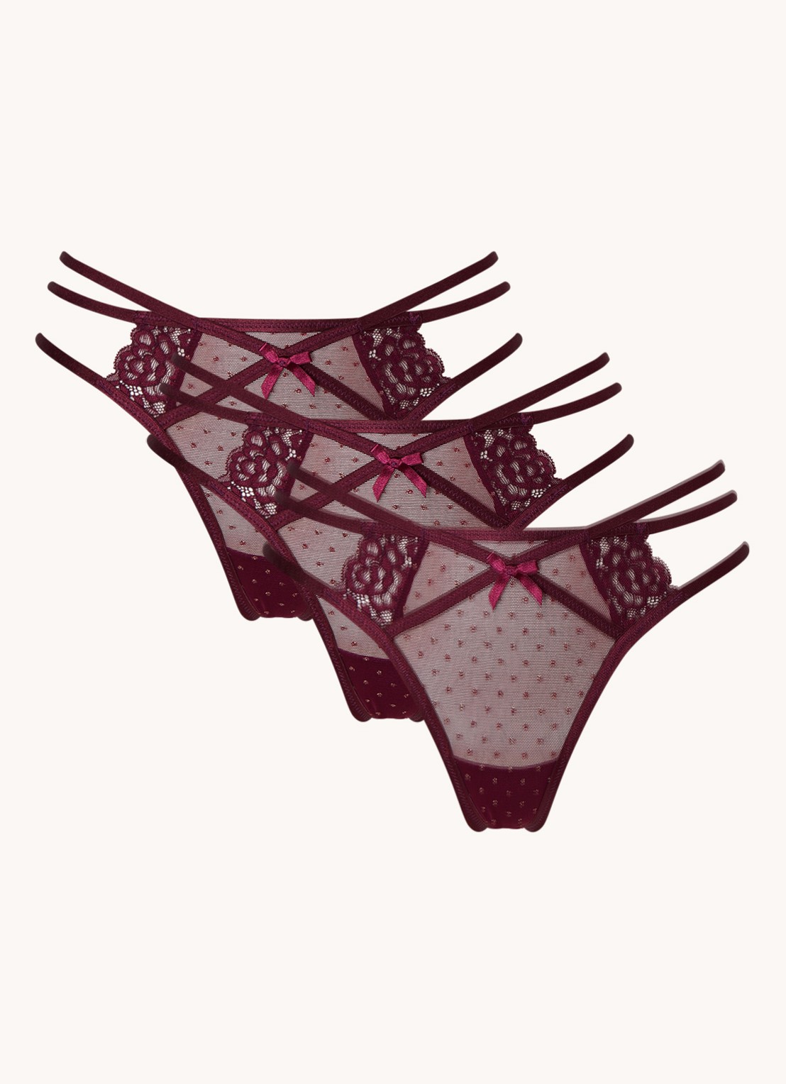 Hunkemöller Melda string met lurex en kant in 3-pack - voorkant 4 aubergine