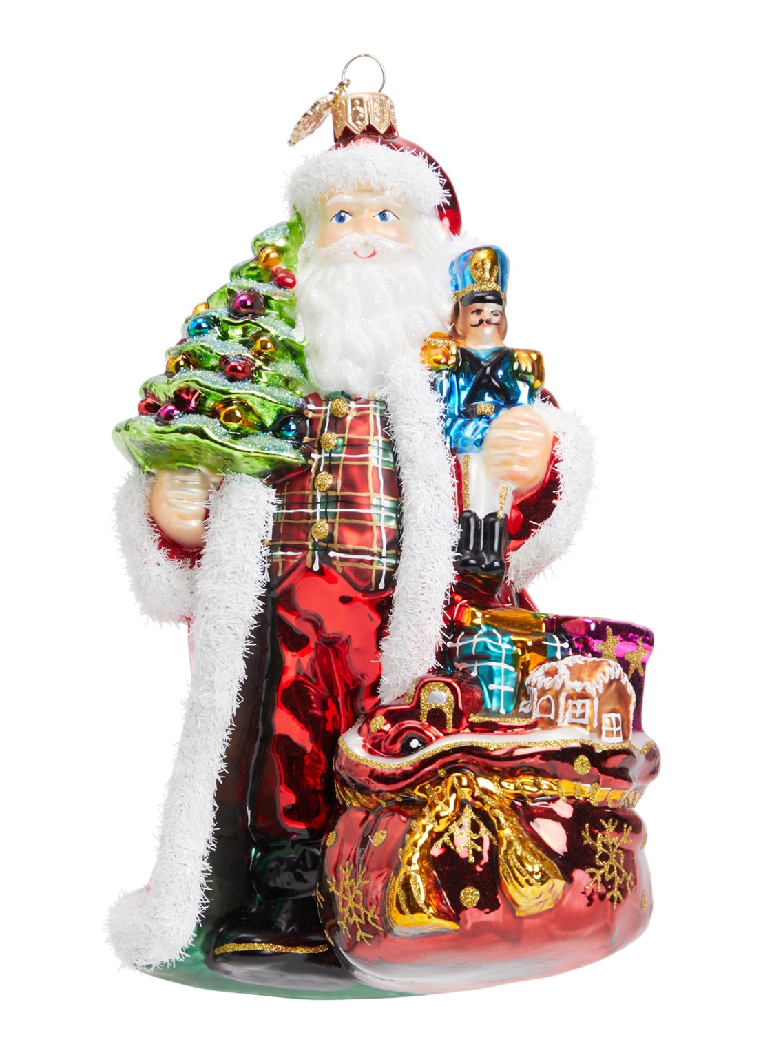 Huras Family Santa Holding Tree and Nutcracker kersthanger 16 cm - voorkant 2 rood