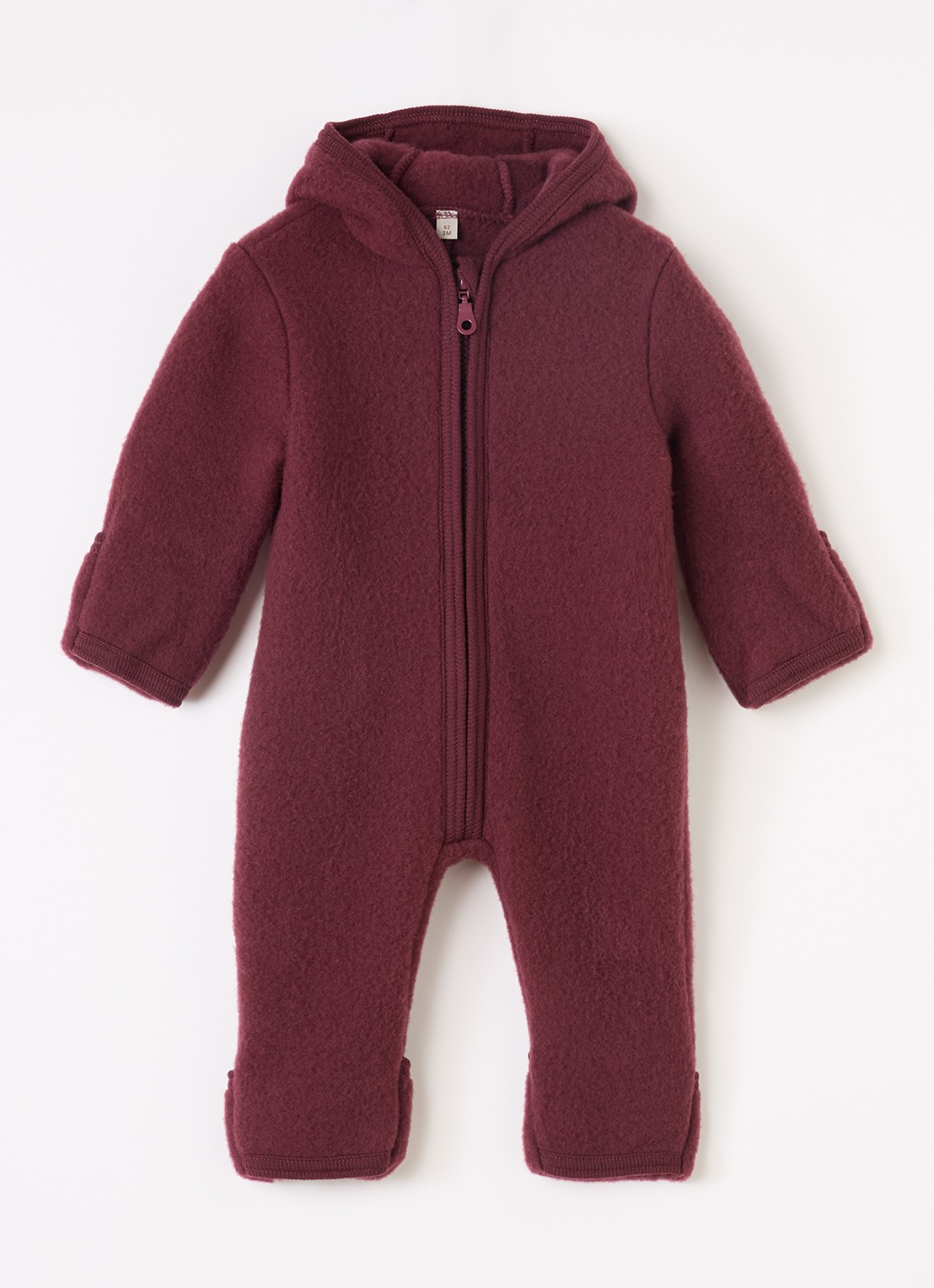 Huttelihut Babypak van wol met capuchon - voorkant bordeauxrood