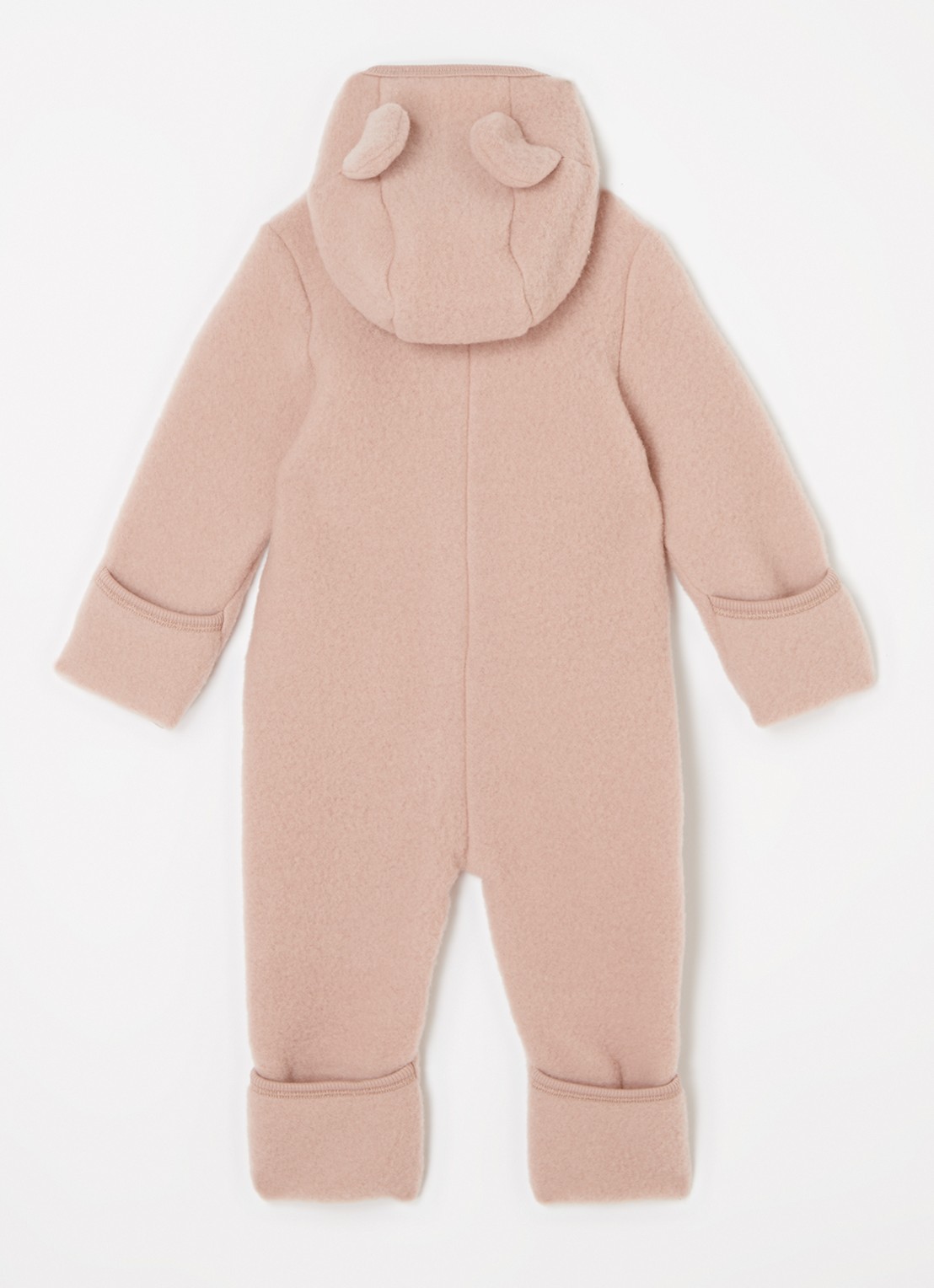 Huttelihut Babypak van wol met capuchon - achterkant 3 zalmroze