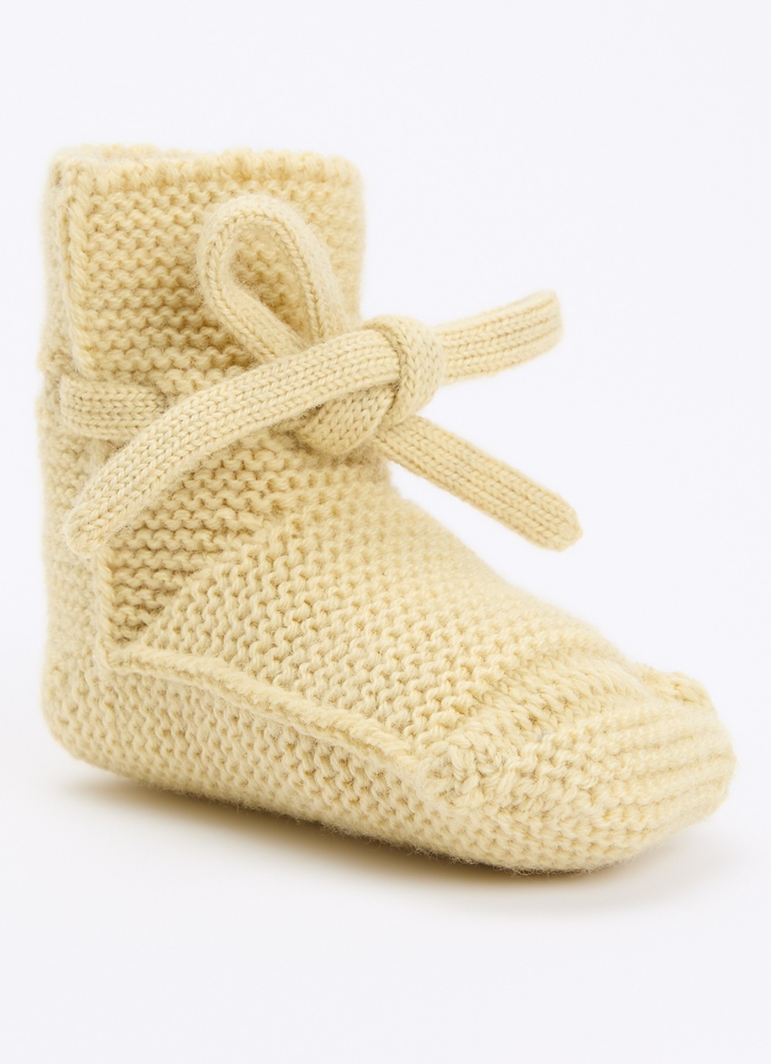 Hvid Babyslofjes van merino wol - voorkant 2 vanillegeel