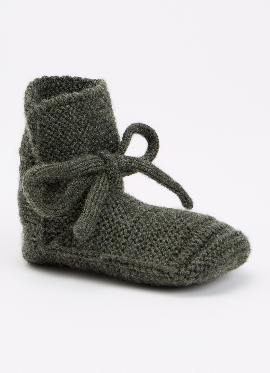 Hvid Babyslofjes van merino wol - voorkant 3 donkergroen