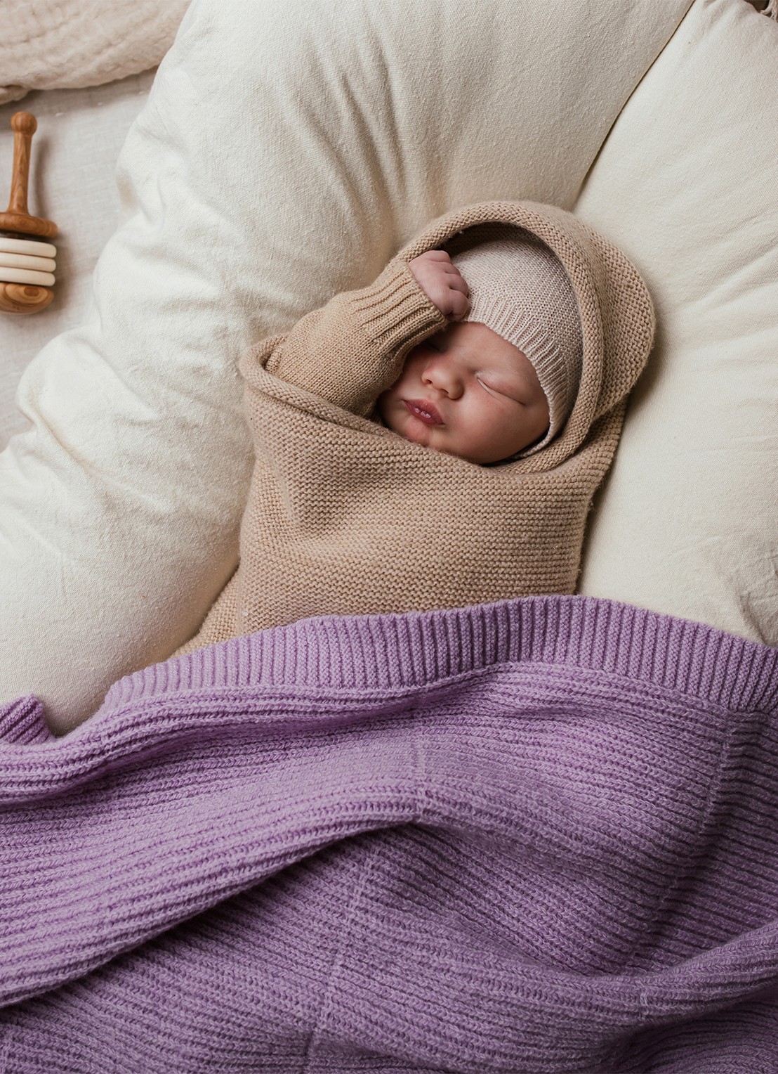 Hvid Cocoon van merino wol - detail 4 zand
