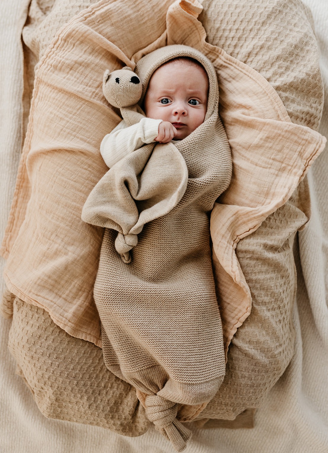 Hvid Frankie wiegdeken van merino wol 70 x 95 cm - voorkant 3 beige