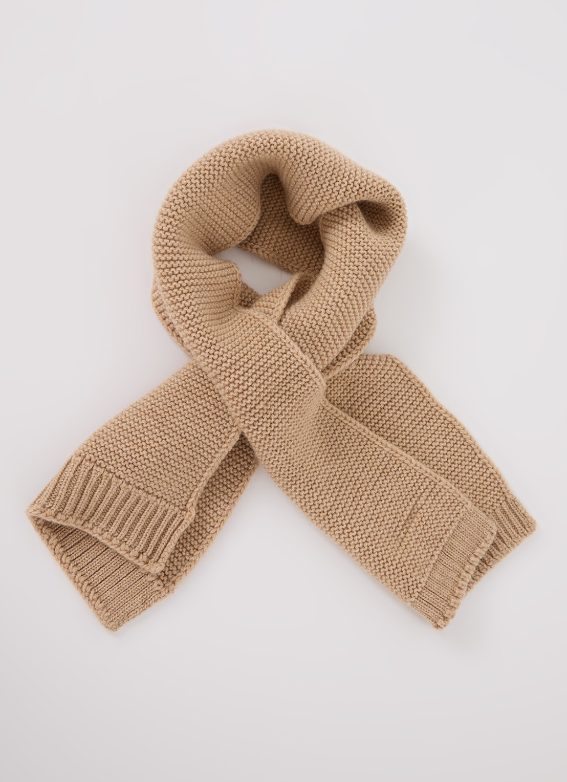 Hvid Ivo sjaal van merino wol 90 x 20 cm - voorkant camel