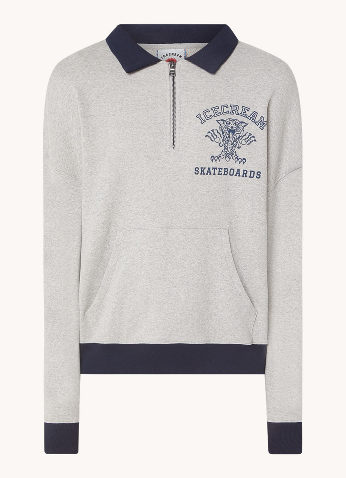 ICECREAM Tiger sweater met halve rits en logoprint - voorkant 3 grijsmele