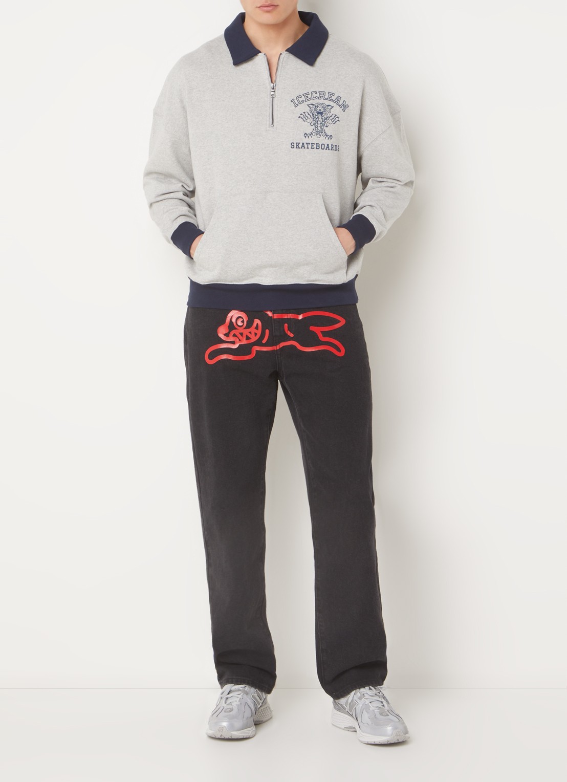 ICECREAM Tiger sweater met halve rits en logoprint - voorkant 4 grijsmele