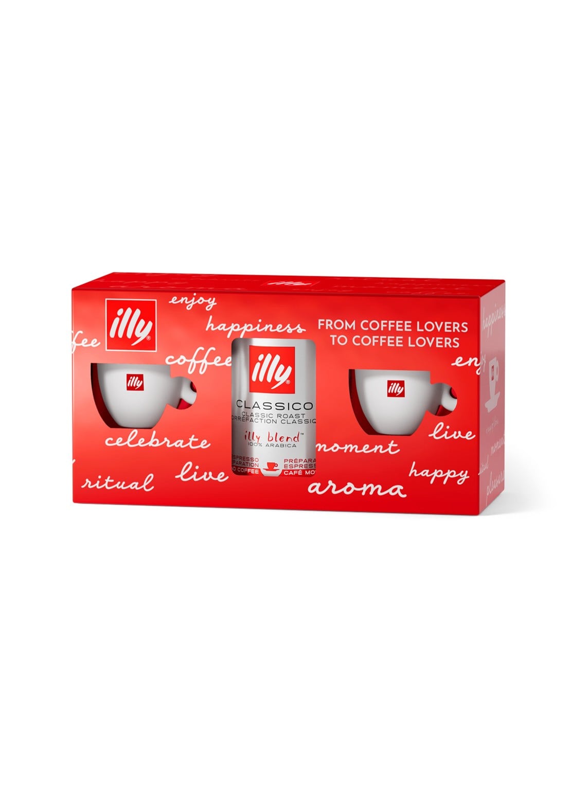 illy Gemalen koffie in geschenkverpakking 1 x 250 gram en espresso kopje set van 2 - voorkant undefined
