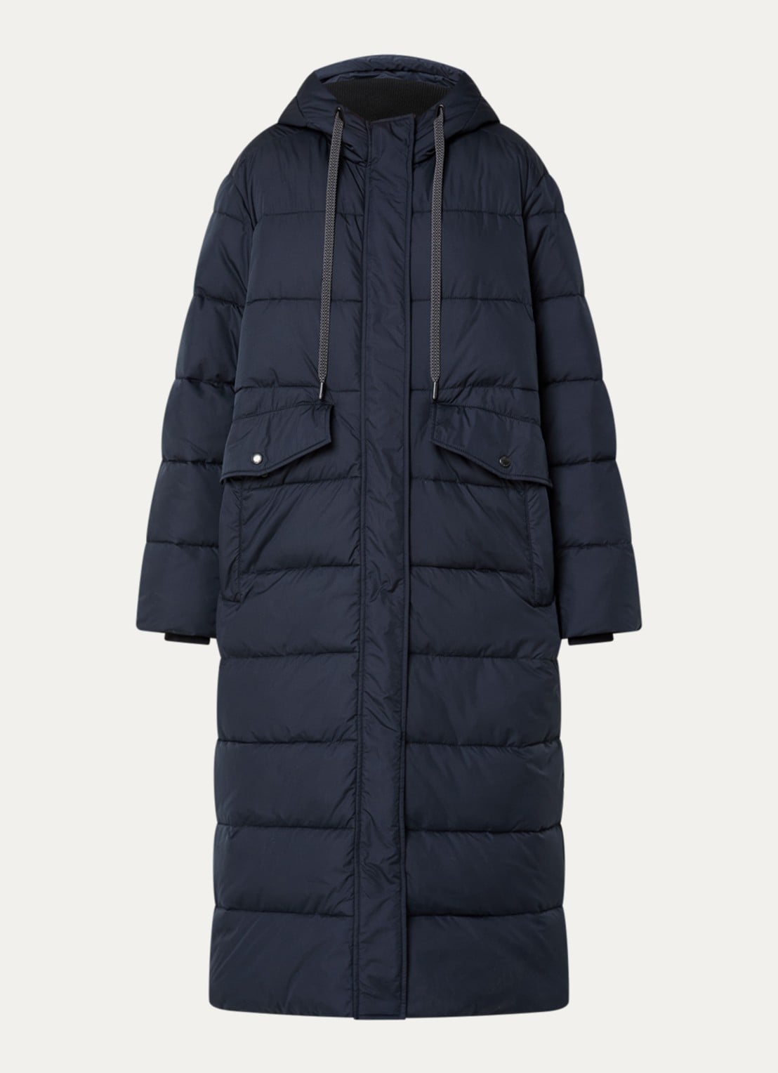 Ilse Jacobsen Longline puffer jack met capuchon - voorkant 3 donkerblauw