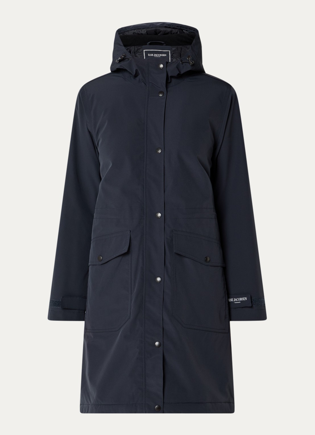 Ilse Jacobsen Longline regenjas met klepzakken - voorkant donkerblauw