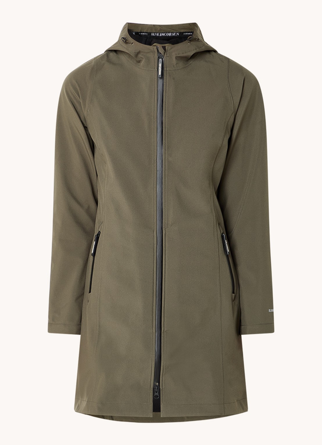 Ilse Jacobsen Softshell jack met capuchon en ritszakken - voorkant legergroen