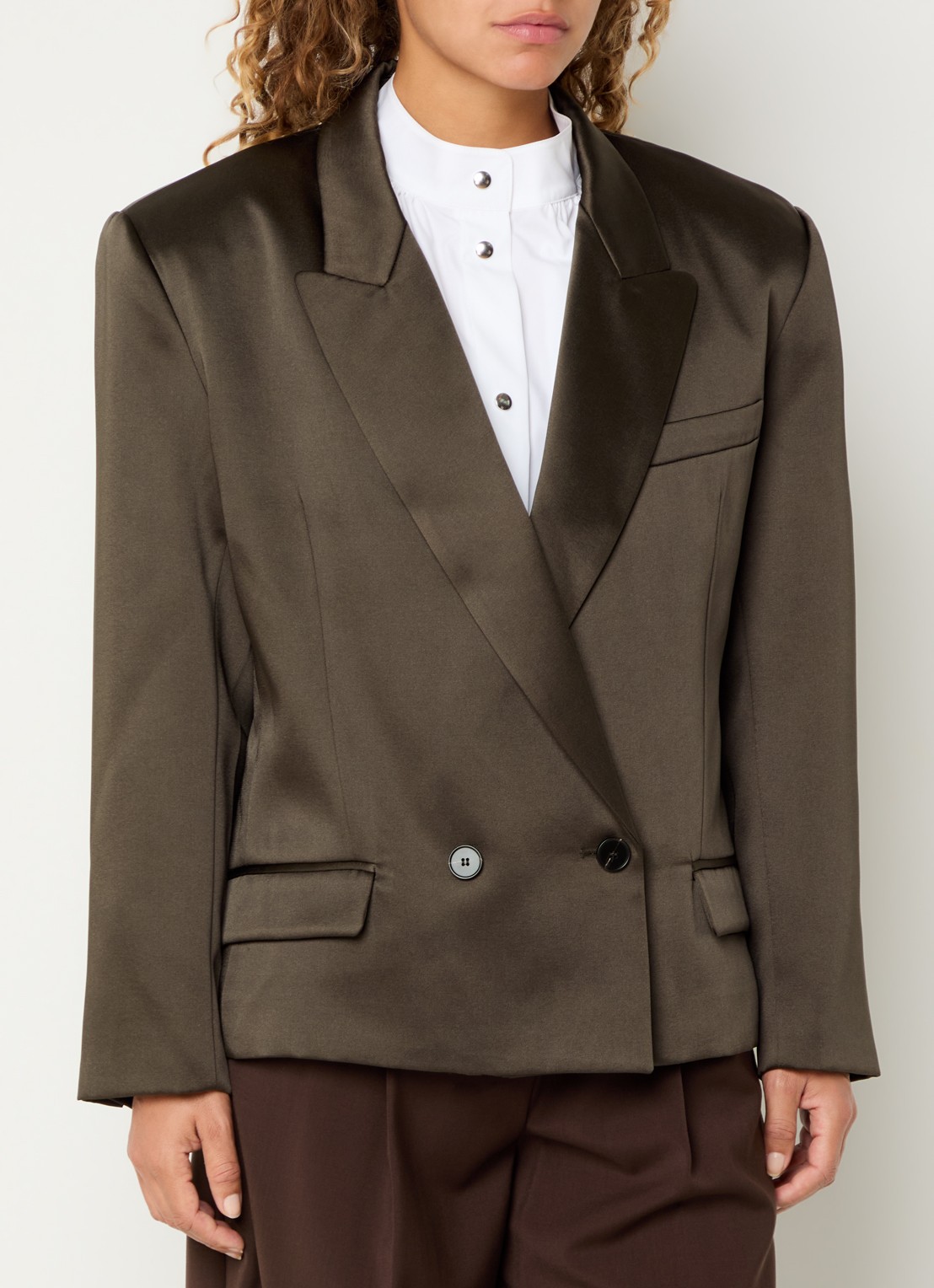 IRO Again double-breasted blazer van satijn - detail donkergroen