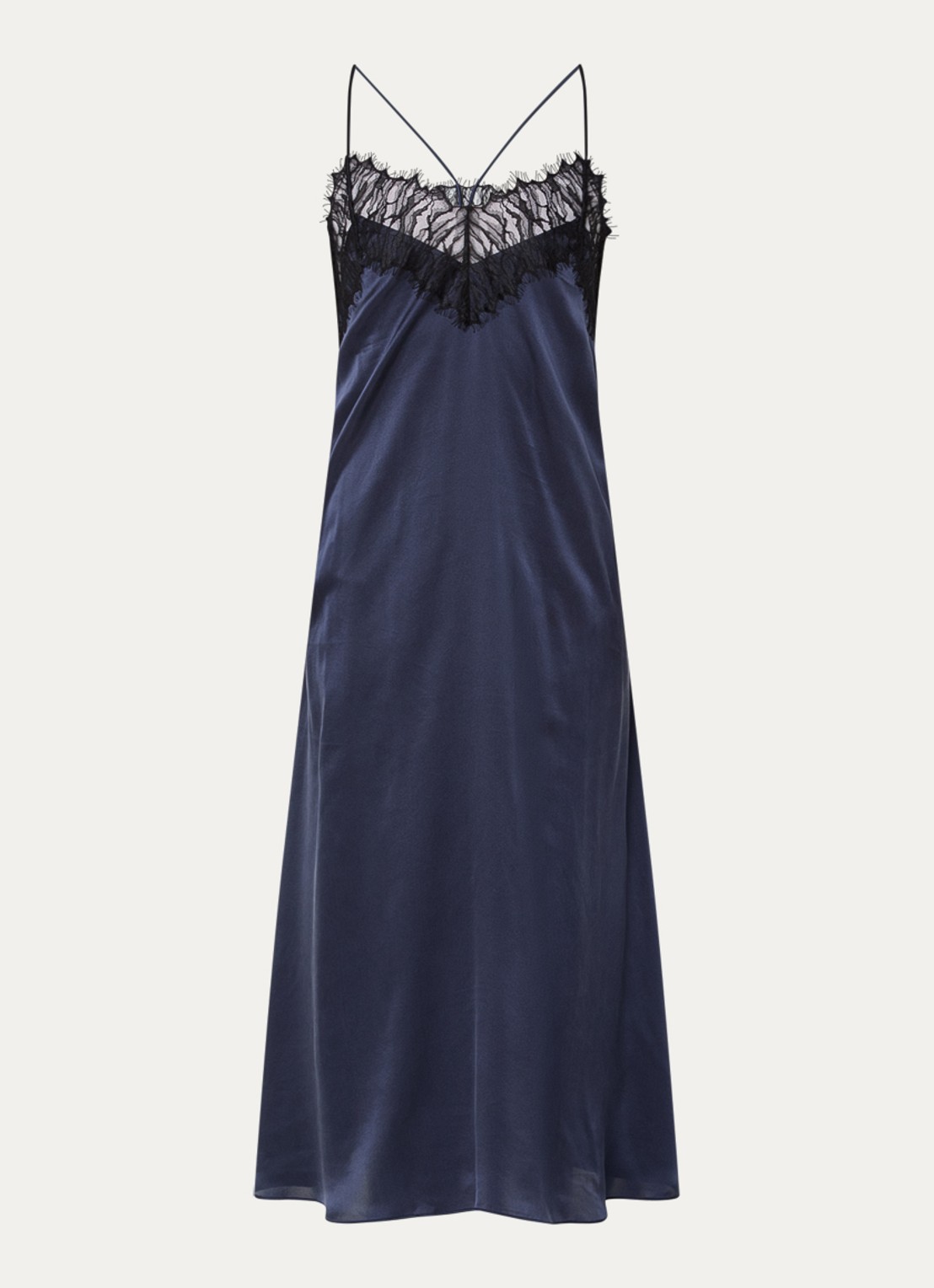 IRO Bailar midi jurk van zijde met details van kant en spaghettibandjes - voorkant 2 donkerblauw